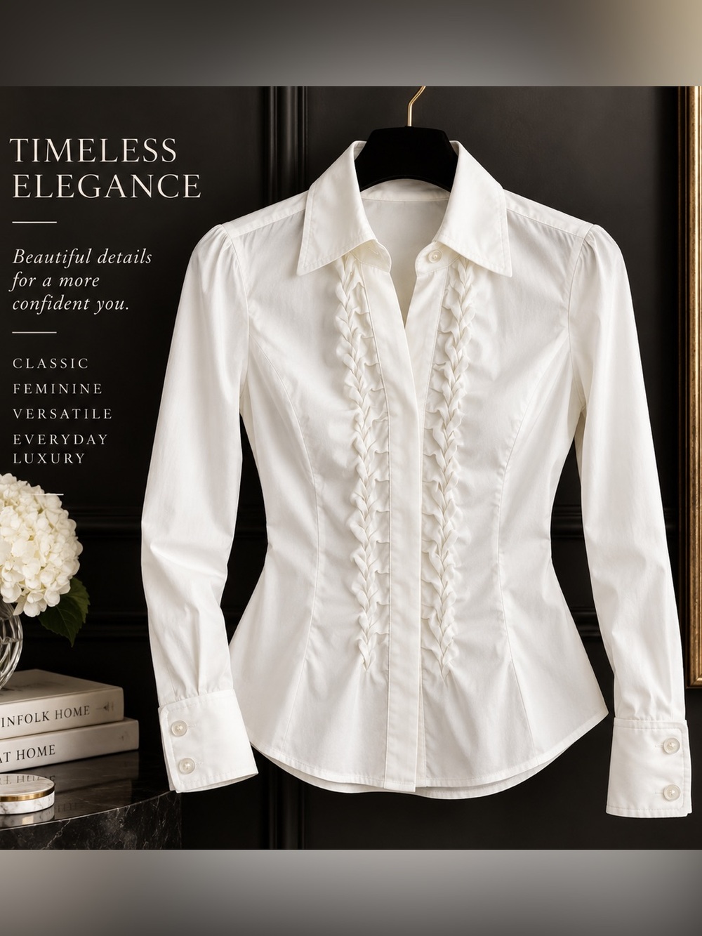 White Ruffle Front Tailored Button Down Blouse Elegant Shirt